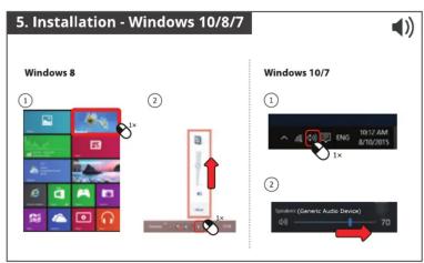 5. Installation - Windows 10/8/7 Windows 8 ① ② Windows 10/7 ① 19:17 AM 8/10/2015 ② Western (Camera Audio Device) 08 70
