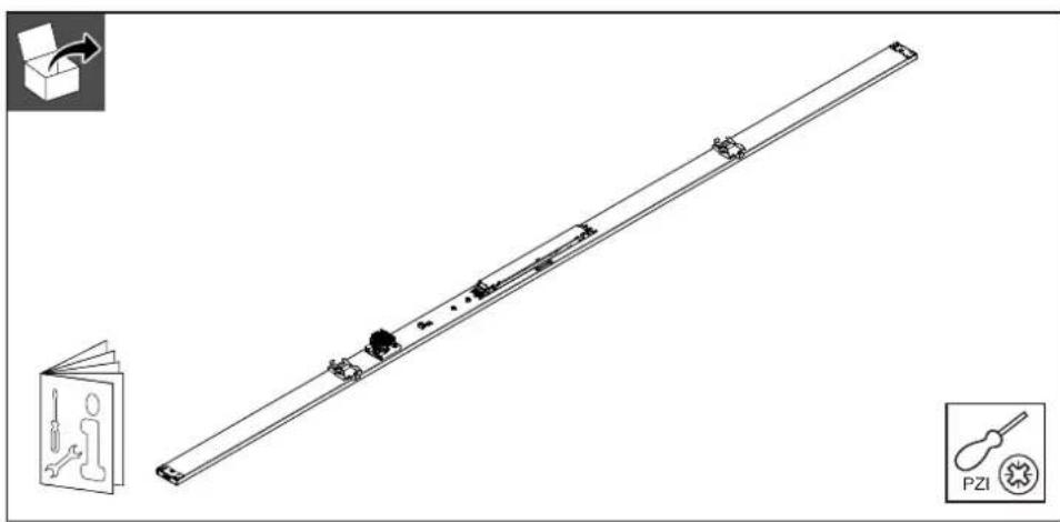 Technical line drawing of a long mechanical component with mounting brackets and fasteners, shown with an inset image of a box and a small diagram of a tool (no text or symbols on the main diagram)