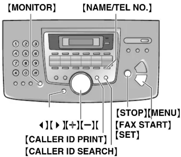 [MONITOR] [NAME/TEL NO.] ◀][▶][+][-] [CALLER ID PRINT] [CALLER ID SEARCH] [STOP][MENU] [FAX START] [SET]
