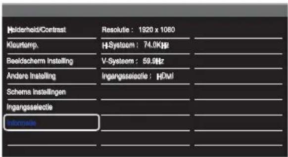 Helderheid/Contrast Resolutie : 1920 x 1080 Klourtamp. HSysteem : 74.0KHz Beeldschem Instelling V-Systeem : 59.9Hz Andere Instelling Ingangsselectle : HDMI Schema Instellingen Ingangsselectle Informale