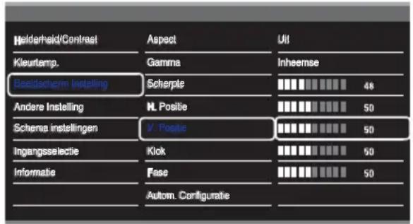 Helderheld/Contrast Aspect Uit Kleurtemp. Gamma Inheemse Beeldschem Instelling Scherpte 46 Andere Instelling N. Positie 50 Schema instellingen V. Positie 50 Ingangsselectie Kick 50 Informatie Fase 50 Autom. Configuratie