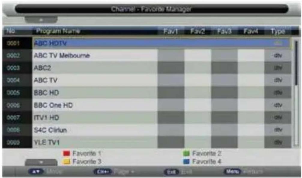 Channel - Favorite Manager No Program Name Fav1 Fav2 Fav3 Fav4 Type 0001 ABC HDTV 0002 ABC TV Melbourne 0003 ABC2 0004 ABC TV 0005 BBC HD 0006 BBC One HD 0007 ITV1 HD 0008 S4C Cirlun 0009 YLE TV1 Favorite 1 Favorite 2 Favorite 3 Favorite 4