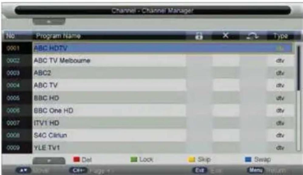 Channel - Channel Manager No Program Name Type 0001 ABC HDTV 0002 ABC TV Melbourne dtv 0003 ABC2 dtv 0004 ABC TV dtv 0005 BBC HD dtv 0006 BBC One HD dtv 0007 ITV1 HD dtv 0008 S4C Callun dtv 0009 YLE TV1 dtv Del Lock Skip Swap