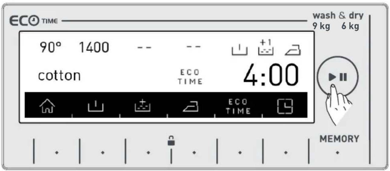ECO TIME was & droog 9 kg 6 kg 90° 1400 -- -- -- +1 katoen ECO TIME 4:00 ECO TIME MEMORY