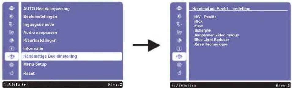 AUTO Beeldaanpassing Beeldinstellingen Ingangsselectie Audio aanpassen Kleurinstellingen Informatie Handmatige Beeldinstelling Menu Setup Reset 1:Afeluiten Kies:2 1:Afeluiten Kies:2 Handmatige Beeld - instelling H/V - Positie Klok Fase Scherpte Aanpassen video modus Blue Light Reducer X-res Technologie