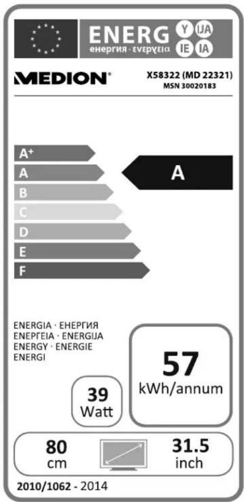 ENERG Y IJA ENERGIA - ENEPGEIA IE IA MEDION® X58322 (MD 22321) MSN 30020183 A A+ A B C D E F A ENERGIA · ENEPGEIA ENEPGEIA · ENERGIJA ENERGY · ENERGIE ENERGI 39 Watt 57 kWh/annum 80 cm 31.5 inch 2010/1062 - 2014
