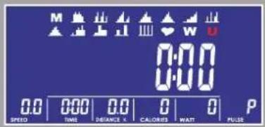 M W U 0:00 0:00 0.0 0:00 0.0 0 0 P SPEED TIME DISTANCE X CALORIES WATT PULSE