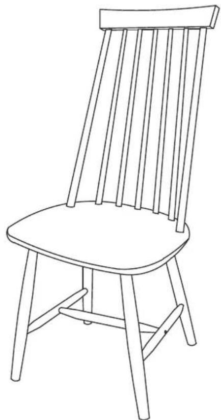Line drawing of a simple wooden chair with vertical rods and a backrest (no text or symbols)