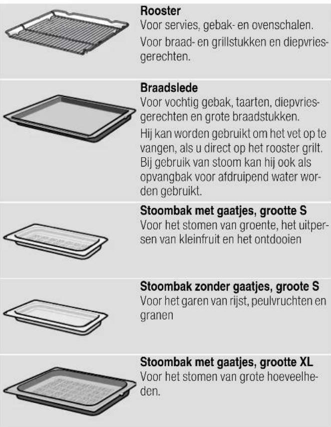 Rooster Voor servies, gebak- en ovenschalen. Voor braad- en grillstukken en diepvries- gerechten. Braadslede Voor vochtig gebak, taarten, diepvries- gerechten en grote braadstukken. Hij kan worden gebruikt om het vet op te vangen, als u direct op het rooster grilt. Bij gebruik van stoom kan hij ook als opvangbak voor afdruipend water wor- den gebruikt. Stoombak met gaatjes, grootte S Voor het stomen van groente, het uitper- sen van kleinfruit en het ontdooien Stoombak zonder gaatjes, grootte S Voor het garen van rijst, peulvruchten en granen Stoombak met gaatjes, grootte XL Voor het stomen van grote hoeveelhe- den.