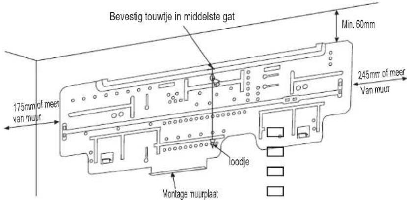 Bevestig touwtje in middelste gat 175mm of meer van muur Min. 60mm 245mm of meer Van muur loodje Montage muurplaat
