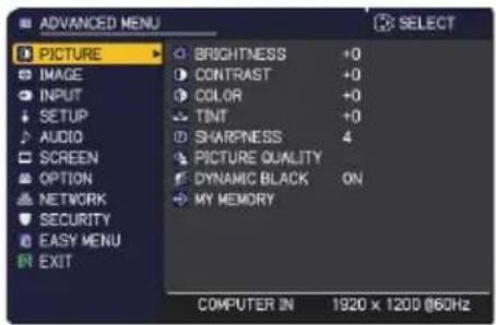 ADVANCED MENU PICTURE IMAGE INPUT SETUP AUDIO SCREEN OPTION NETWORK SECURITY EASY MENU EXIT BRIGHTNESS +0 CONTRAST +0 COLOR +0 TINT +0 SHARPNESS 4 PICTURE QUALITY DYNAMIC BLACK ON MY MEMORY COMPUTER IN 1920 x 1200 @60Hz