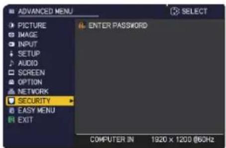 ADVANCED MENU PICTURE IMAGE INPUT SETUP AUDIO SCREEN OPTION NETWORK SECURITY EASY MENU EXIT ENTER PASSWORD COMPUTER IN 1920 x 1200 @60Hz