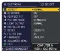 EASY MENU SELECT ASPECT NORMAL KEYSTONE ON PERFECT FIT OFF PICTURE MODE STANDARD LIGHT OUTPUT NORMAL INSTALLATION RESET EXECUTE FILTER TIME On LANGUAGE ENGLISH ADVANCED MENU EXIT COMPUTER IN 1920 x 1200 BIOS