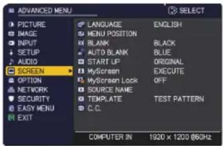 ADVANCED MENU PICTURE IMAGE INPUT SETUP AUDIO SCREEN OPTION NETWORK SECURITY EASY MENU EXIT LANGUAGE ENGLISH MENU POSITION BLANK BLACK AUTO BLANK BLUE START UP ORIGINAL MyScreen EXECUTE MyScreen Lock OFF SOURCE NAME TEMPLATE TEST PATTERN C.C. COMPUTER IN 1920 x 1200 @60Hz