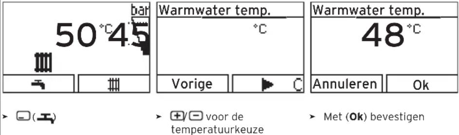 bar 50°C 45 Warmwater temp. °C Vorige C Warmwater temp. 48°C Annuleren Ok ➢ (☐) ➢ (+/☐) voor de temperatuurkeuze ➢ Met (Ok) bevestigen