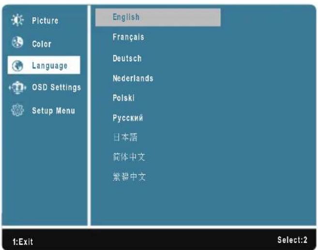 Picture Color Language OSD Settings Setup Menu English Français Deutsch Nederlands Polski Русский 日本語 简体中文 繁耕中文 1:Exit Select:2