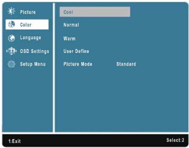 Picture Color Language OSD Settings Setup Menu Cool Normal Warm User Define Picture Mode Standard 1:Exit Select:2