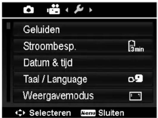 Geluiden Stroombesp. 3min Datum & tijd Taal / Language Weergavemodus Selecteren Menu Sluiten