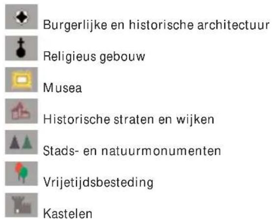 Burgerlijke en historische architectuur Religieus gebouw Musea Historische straten en wijken Stads- en natuurmonumenten Vrijetijdsbesteding Kastelen
