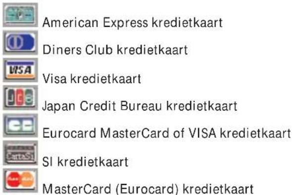 American Express kredietkaart Diners Club kredietkaart Visa kredietkaart Japan Credit Bureau kredietkaart Eurocard MasterCard of VISA kredietkaart SI kredietkaart MasterCard (Eurocard) kredietkaart