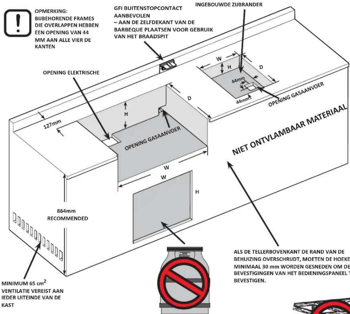OPMERKING: BUBEHORENDE FRAMES DIE OVERLAPPEN HEBBEN EEN OPENING VAN 44 MM AAN ALLE VIER DE KANTEN GFI BUITENSTOPCONTACT AANBEVOLEN - AAN DE ZELFDEKANT VAN DE BARBEQUE PLAATSEN VOOR GEBRUIK VAN HET BRAADSPIT INGEBOUWDE ZIJBRANDER OPENING ELEKTRISCHE 127mm H D OPENING GASAANVOER W H 44mm 44mm OPENING GASAANVOER NIET ONTVLAMBAAR MATERIAAL 864mm RECOMMENDED MINIMUM 65 cm² VENTILATIE VEREIST AAN IEDER UITEINDE VAN DE KAST ALS DE TELLERBOVENKANT DE RAND VAN DE BEHUIZING OVERSCHRIJDT, MOETEN DE HOEKE MINIMAAL 30 mm WORDEN GESNEDEN OM DE BEVESTIGINGEN VAN HET BEDIENINGSPANEL T BEVESTIGEN.