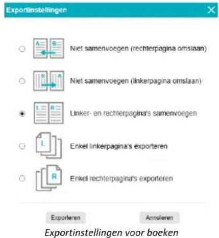 Exportinstellingen Niet samenvoegen (rechterpagina omslaan) Niet samenvoegen (linkerpagina omslaan) Linker- en rechterpagina's samenvoegen Enkel linkerpagina's exporteren Enkel rechterpagina's exporteren Exporteren Annuleren Exportinstellingen voor boeken