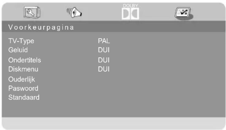 Voorkeurpagina TV-Type PAL Geluid DUI Ondertitels DUI Diskmenu DUI Ouderlijk Paswoord Standaard