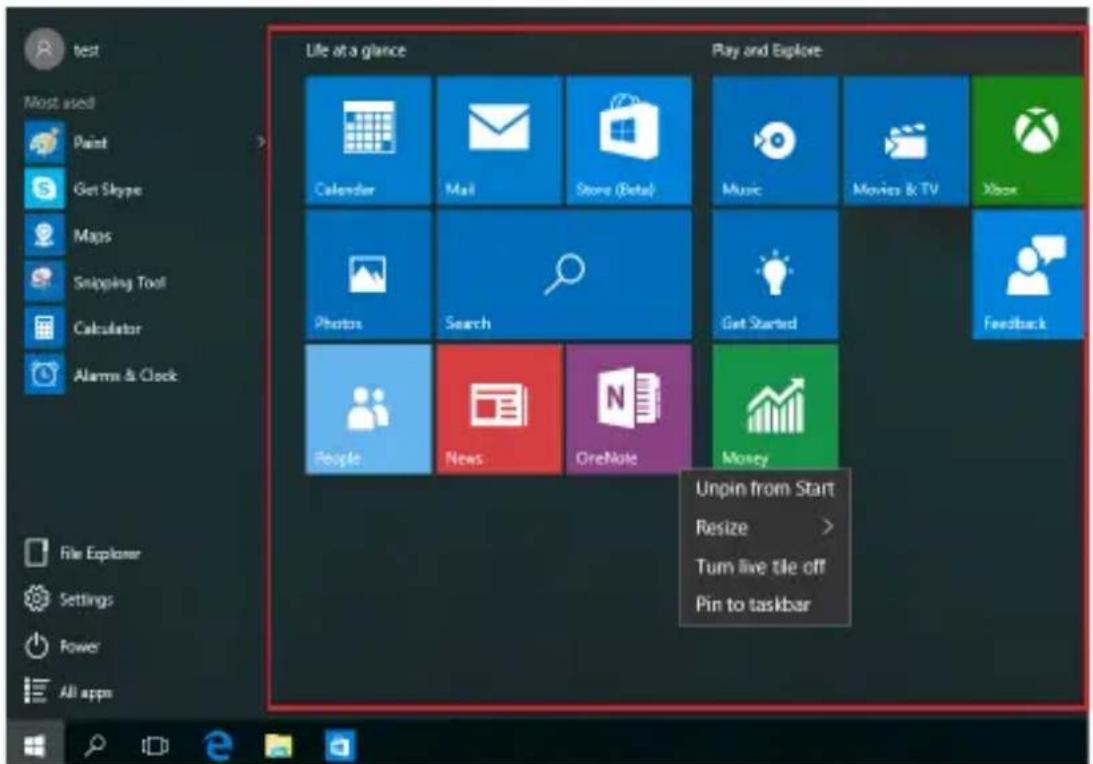 test Most used Paint Get Skype Maps Snipping Tool Calculator Alarms & Clock File Explorer Settings Power All apps Life at a glance Play and Explore Calendar Mail Store (Data) Music Movies & TV Xbox Photos Search Get Started Feedback People News OneNote Money Unpin from Start Resize > Turn live tile off Pin to taskbar