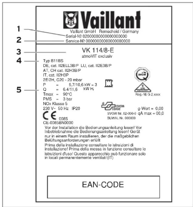 Vaillant 1 Vaillant GmbH Remscheid / Germany 2 Serial-Nº 020000000000000000000 3 Service-Nº 00000000000000000000 4 VK 114/8-E Typ B11BS DE, cat. II2ELL3B/P LU, cat. II2E3B/P AT, CH cat. II2H3B/P IT, cat. II2H3P 2E/2H, G20 - 20 mbar P = 5,7/10,6 kW = 3 Q = 6,4/11,6 kW H Tmax = 90°C PMS = 3 bar NOx Kl…