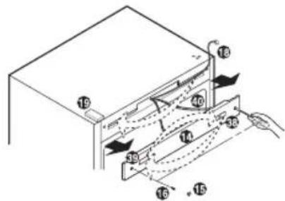 Technical diagram of a refrigerator with numbered parts and directional arrows indicating internal components