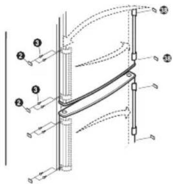 Technical diagram of a mechanical linkage system with numbered components and motion arrows