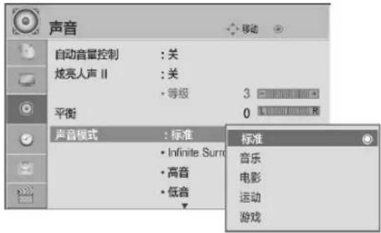 声音 自动音量控制 : 关 炫亮人声 II : 关 • 等级 3 平衡 0 声音模式 : 标准 • Infinite Surr • 高音 • 低音 标准 音乐 电影 运动 游戏