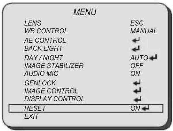 MENU LENS ESC WB CONTROL MANUAL AE CONTROL ← BACK LIGHT ← DAY / NIGHT AUTO← IMAGE STABILIZER OFF AUDIO MIC ON GENLOCK ← IMAGE CONTROL ← DISPLAY CONTROL ← RESET ON← EXIT