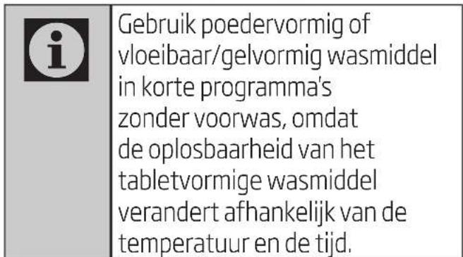 i Gebruik poedervormig of vloeibaar/gelvormig wasmiddel in korte programma's zonder voorwas, omdat de oplosbaarheid van het tabletvormige wasmiddel verandert afhankelijk van de temperatuur en de tijd.