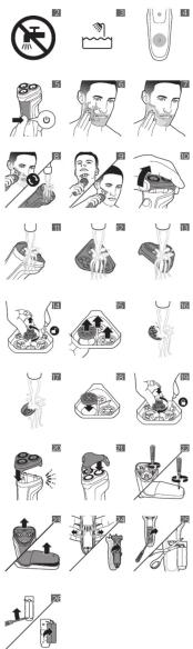 Grid of 24 illustrated illustrations showing various food preparation or cooking methods, including using a shower, water drop, and cleaning tools.