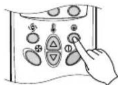 Hand-drawn diagram showing a hand pressing a button on a device with labeled buttons and icons