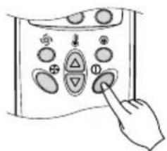 Hand-drawn diagram of a control panel with labeled buttons and a finger pointing to the button.