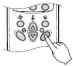 Hand-drawn diagram showing a hand pressing a button on a control panel with labeled buttons and symbols