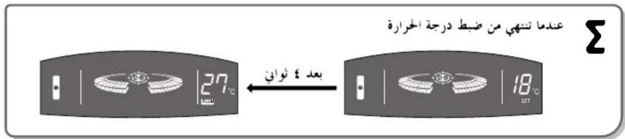 عندما تنهي من ضبط درجة الحرارة 27°C بعد ٤ ثوان 18°C SET