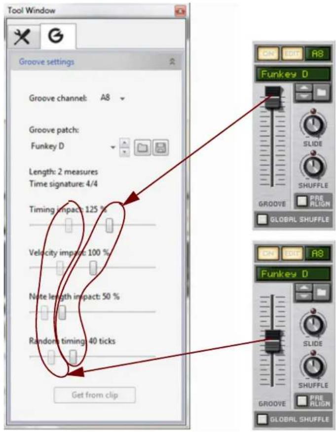 Tool Window Groove settings Groove channel: A8 Groove patch: Funkey D Length: 2 measures Time signature: 4/4 Timing impact: 125 % Velocity impact: 100 % Note length impact: 50 % Random timing: 40 ticks Get from clip ON EDIT A8 Funkey D SLIDE SHUFFLE PRE ALIGN GLOBAL SHUFFLE ON EDIT A8 Funkey D SLIDE SHUFFLE PRE ALIGN GLOBAL SHUFFLE
