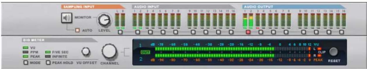 SAMPLING INPUT MONITOR AUTO LEVEL AUDIO INPUT AUDIO OUTPUT BIO METER VU PPM FIVE SEC PEAK INFINITE MODE PEAK HOLD VU OFFSET CHANNEL 1 -78 -68 -59 -48 -38 -28 -20 -16 -12 -8 -4 0 4 6 8 10 12 VU OUT 2 -90 -80 -70 -50 -50 -40 -32 -28 -24 -20 -16 -12 -8 -6 -4 -2 0 PEAK RESET L CLIP R 0 PEAK RESET