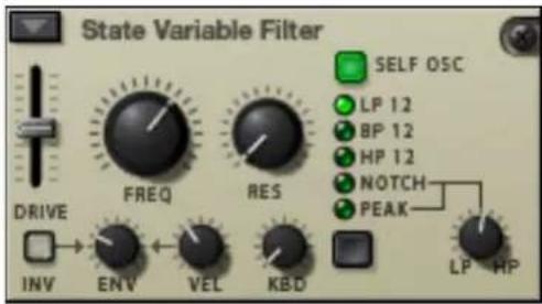 State Variable Filter DRIVE FREQ RES INV ENV VEL KBD SELF OSC LP 12 BP 12 HP 12 NOTCH PEAK LP HP