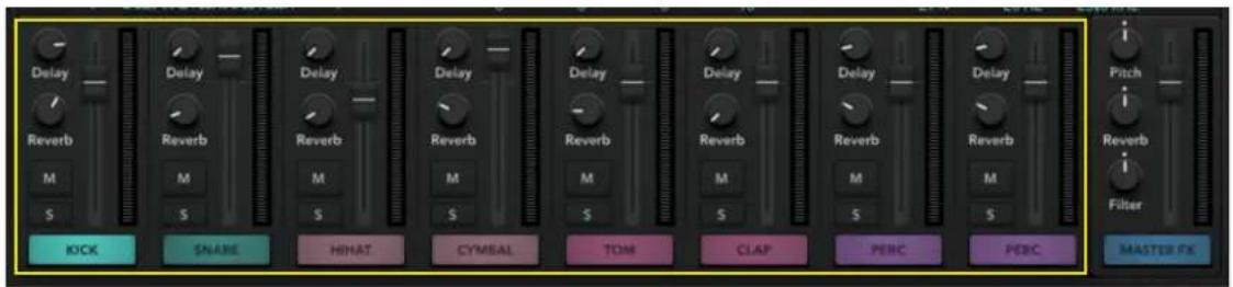 Delay Reverb M S KICK SNARE HINAT CYMBAL TOM CLAP PERC PERC Master FX Pitch i Reverb i Filter
