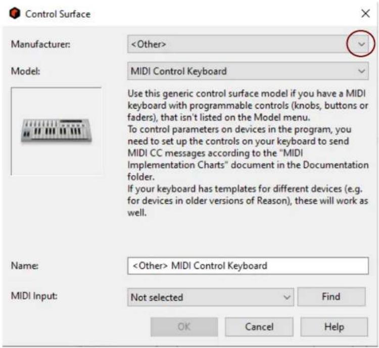 Control Surface Manufacturer: Model: MIDI Control Keyboard Use this generic control surface model if you have a MIDI keyboard with programmable controls (knobs, buttons or faders), that isn't listed on the Model menu. To control parameters on devices in the program, you need to set up the controls on your keyboard to send MIDI CC messages according to the "MIDI Implementation Charts" document in the Documentation folder. If your keyboard has templates for different devices (e.g. for devices in older versions of Reason), these will work as well. Name: MIDI Control Keyboard MIDI Input: Not selected Find OK Cancel Help