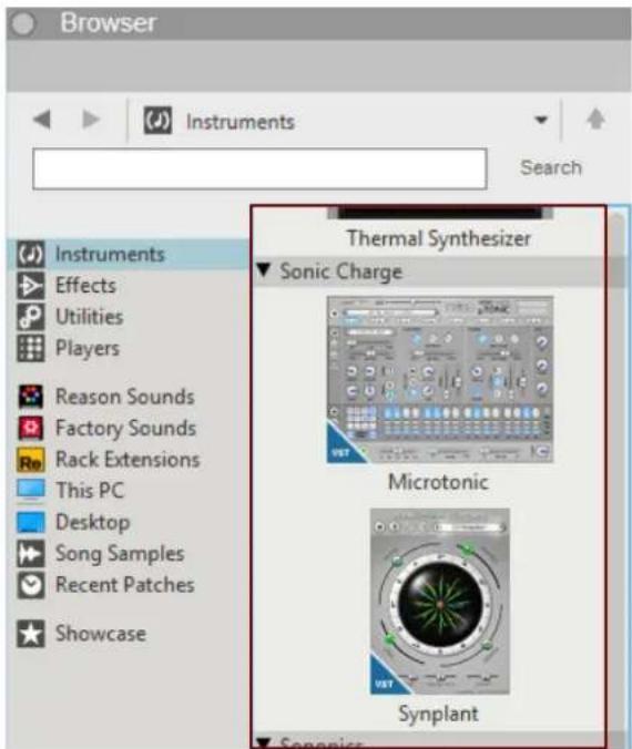 Browser Instruments Search Thermal Synthesizer Sonic Charge Microtonic Synplant Instruments Effects Utilities Players Reason Sounds Factory Sounds Re Rack Extensions This PC Desktop Song Samples Recent Patches Showcase