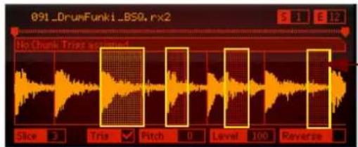 091_DrunFunk1_BSO, rx2 No Chunk Trize installed Slice 3 Trip ✓ Pitch 0 Level 100 Reverse