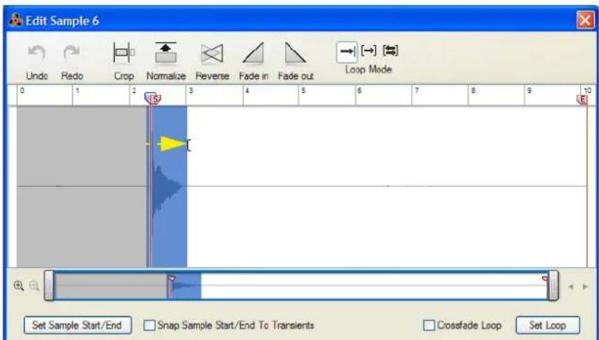 Edit Sample 6 Undo Redo Crop Normalize Freverse Fade in Fade out Loop Mode 0 1 2 3 4 5 6 7 8 9 10 Set Sample Start/End Snap Sample Start/End To Transients Crossfade Loop Set Loop