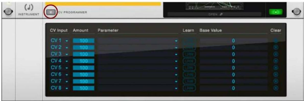 (d) INSTRUMENT CV PROGRAMMER Open CV Input Amount Parameter Learn Base Value Clear CV 1 100 0 CV 2 100 0 CV 3 100 0 CV 4 100 0 CV 5 100 0 CV 6 100 0 CV 7 100 0 CV 8 100 0
