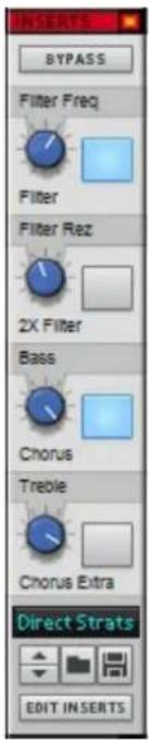 INSERTS BYPASS Filter Freq Filter Filter Rez 2X Filter Bass Chorus Treble Chorus Extra Direct Strats EDIT INSERTS