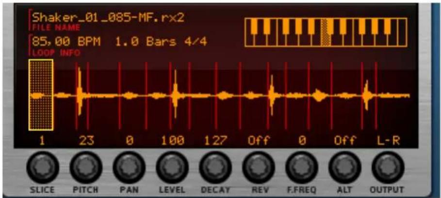 Shaker_01_085-MF.rx2 FILE NAME 85,00 BPM 1.0 Bars 4/4 LOOP INFO 1 23 0 100 127 Off 0 Off L-R SLICE PITCH PAN LEVEL DECAY REV F.FREQ ALT OUTPUT